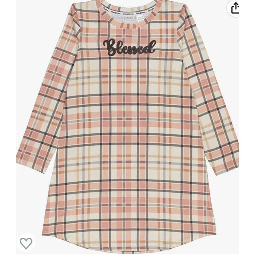 NWT‎ Womens Dearfoams Long Sleeve Nightgown Flannel Sleep Shirt Plaid BLESSED L